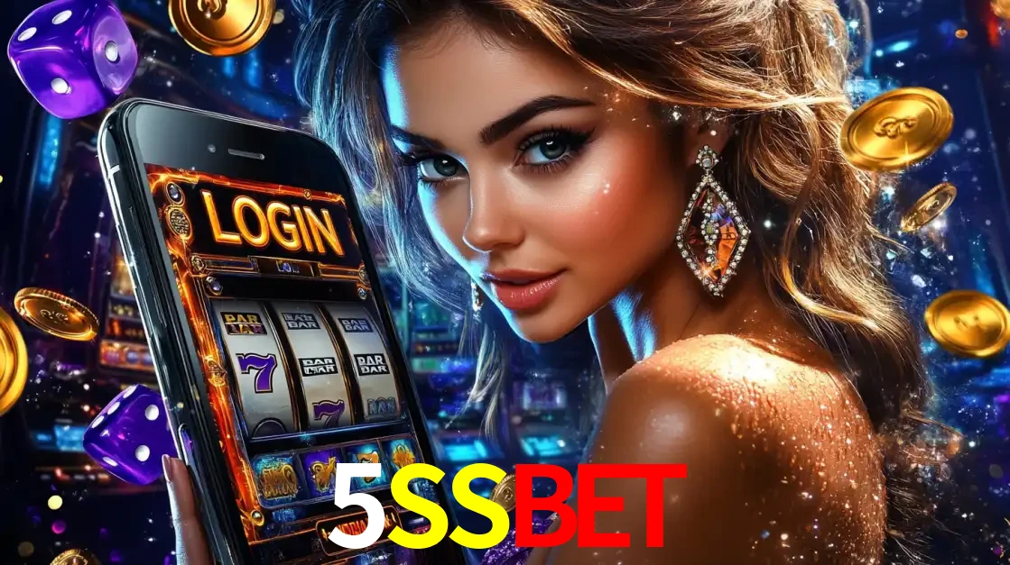 Mulher glamorosa segurando um smartphone com a tela de login para os jogos de caça-níqueis do cassino online 5SSBET, com moedas de ouro e dados ao redor.
