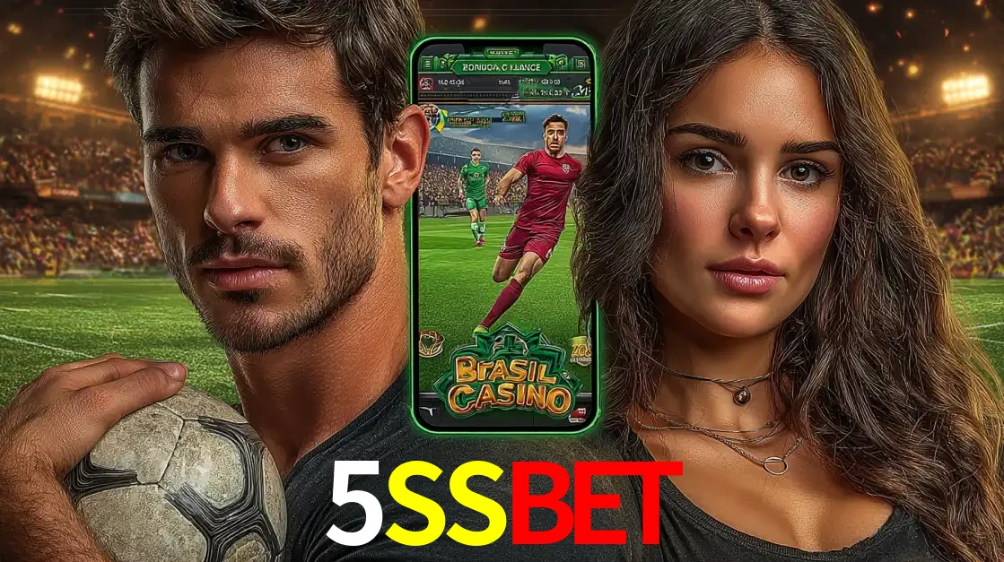 Homem segurando uma bola de futebol e uma mulher ao lado de um smartphone exibindo o jogo de apostas esportivas da 5SSBET. Faça seu palpite no cassino online.